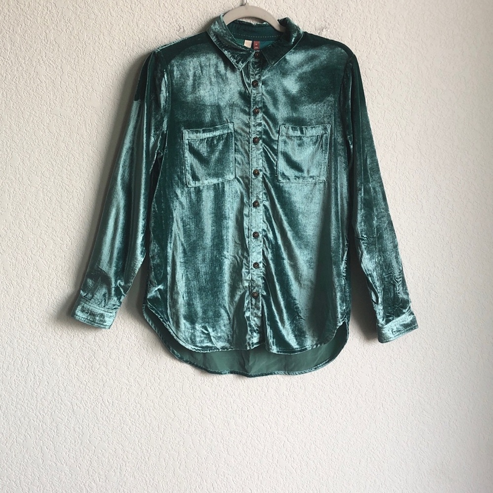 Anthropologie Pilcro Hadley Relaxed Velvet Button Front Shirt Green XS Whimsical